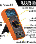 Klein Tools MM325 Multimeter, Digital Manual-Ranging 600V AC/DC Voltage Tester with features labeled, for electricians.