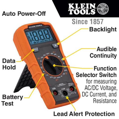 Klein Tools MM325 Multimeter, Digital Manual-Ranging 600V AC/DC Voltage Tester with features labeled, for electricians.
