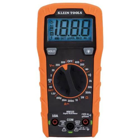 Front view of Klein Tools MM325 Multimeter, Digital Manual-Ranging 600V AC/DC Voltage Tester with orange and black casing.