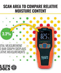 Pinless Moisture Meter for Non-Destructive Moisture Detection in Drywall, Wood, and Masonry; detects up to 3/4-inch below surface.