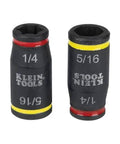 Front view of 3-In-1 Flip Impact Socket Set for Quick Drive Size Swaps, No-Fuss 1/4 and 5/16 Hex Nut Drivers by Klein Tools.