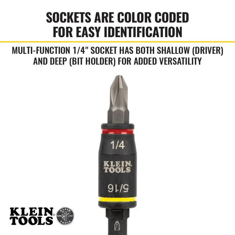 Flip Socket Kit for Impact Drivers 3-In-1 With 1/4 Inch And 5/16 Inch Hex Drivers shown with color coding and branding