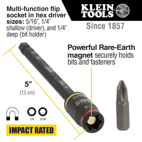 3-In-1 Flip Impact Socket Set for Quick Drive Size Swaps, No-Fuss 1/4 and 5/16 Hex Nut Drivers, Impact Rated by Klein Tools