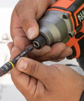 3-In-1 Flip Impact Socket Set in use with impact driver, showing quick drive size swaps, No-Fuss 1/4 and 5/16 Hex Nut Drivers.