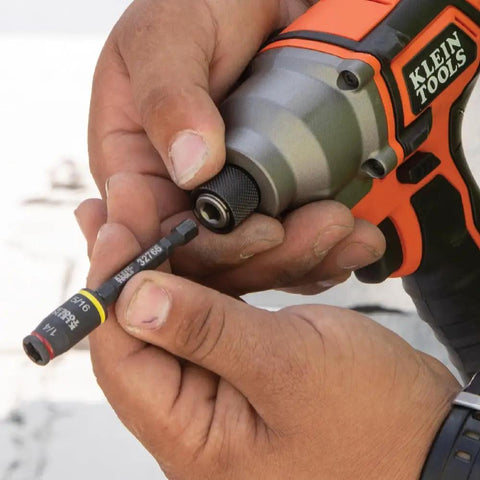 3-In-1 Flip Impact Socket Set in use with impact driver, showing quick drive size swaps, No-Fuss 1/4 and 5/16 Hex Nut Drivers.