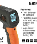 Klein Tools infrared thermometer with 10:1 distance-to-spot ratio, laser targeting, digital display. Infrared Thermometer, Digital Laser Gun.