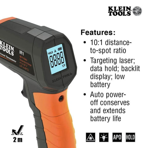 Klein Tools infrared thermometer with 10:1 distance-to-spot ratio, laser targeting, digital display. Infrared Thermometer, Digital Laser Gun.