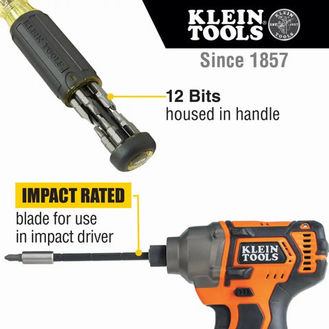All-In-One Magnetic 14-In-1 Screwdriver Set With 13 Bits And One Quarter Inch Nut Driver, adjustable blade shown with impact driver