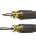 Two Klein Tools All-In-One Magnetic 14-In-1 Screwdriver Set With 13 Bits And One Quarter Inch Nut Driver, side view.