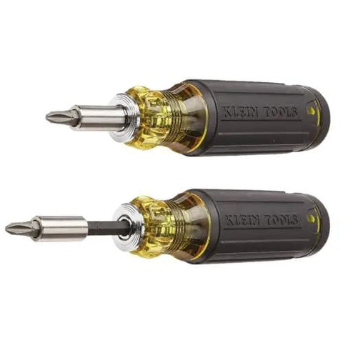 Two Klein Tools All-In-One Magnetic 14-In-1 Screwdriver Set With 13 Bits And One Quarter Inch Nut Driver, side view.