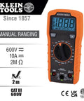 Multimeter, Digital Manual-Ranging 600V AC/DC Voltage Tester with orange casing and LCD display showing readings