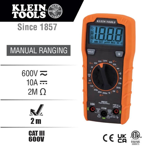 Multimeter, Digital Manual-Ranging 600V AC/DC Voltage Tester with orange casing and LCD display showing readings