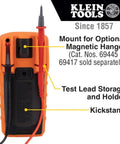 Back view of Klein Tools multimeter showing test lead storage, kickstand, and magnetic hanger mount. Multimeter, Digital Manual-Ranging 600V AC/DC Voltage Tester, Tests Batteries, Current, Resistance, Diodes, and Continuity.