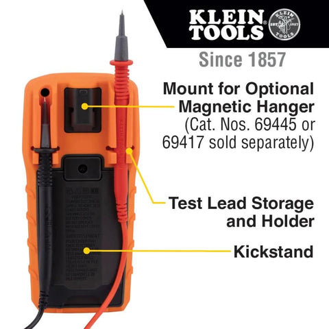 Back view of Klein Tools multimeter showing test lead storage, kickstand, and magnetic hanger mount. Multimeter, Digital Manual-Ranging 600V AC/DC Voltage Tester, Tests Batteries, Current, Resistance, Diodes, and Continuity.