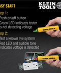 Hands using a Non-Contact Voltage Tester from Electrical Test Kit with Digital Multimeter, Non-Contact Voltage Tester and Electrical Outlet Tester.