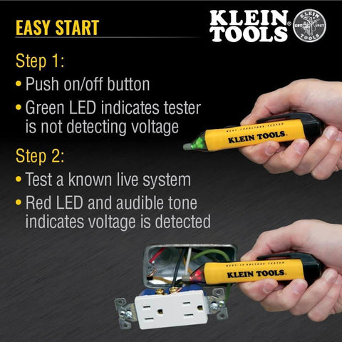 Hands using a Non-Contact Voltage Tester from Electrical Test Kit with Digital Multimeter, Non-Contact Voltage Tester and Electrical Outlet Tester.
