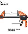 Speed Klamp 6 Inch Bar Clamp From Klein Tools With 300 Pound Clamping Force, showing one-handed operation and size measurement