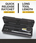 Klutch Torque Multiplier in black case showcasing quick release ratchet and long tool length.