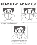 Illustration showing how to wear Five Layer Cup Design KN95 Face Masks Black Fifty Pack For Everyday Protection Non Medical Breathable