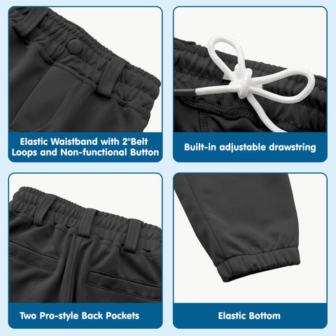 Knicker Baseball Pants for Toddlers to Youth Boys and Girls, close-up of elastic waistband, drawstring, back pockets, and hem detail