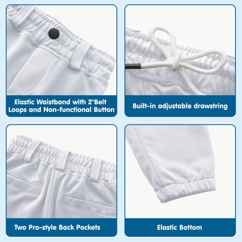 Elastic waistband and features of Knicker Style Toddler And Youth Baseball Pants For Boys And Girls By MIVEI