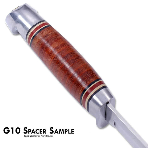 Knife handle with G10 spacer in hunter orange, showcasing craftsmanship and design, ideal for bolsters and guards in knife making.