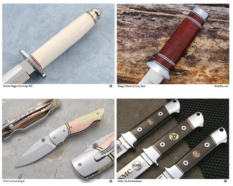Knife handle designs featuring G10 spacer sheet for bolsters and guards, showcasing various materials and styles for knife making enthusiasts.