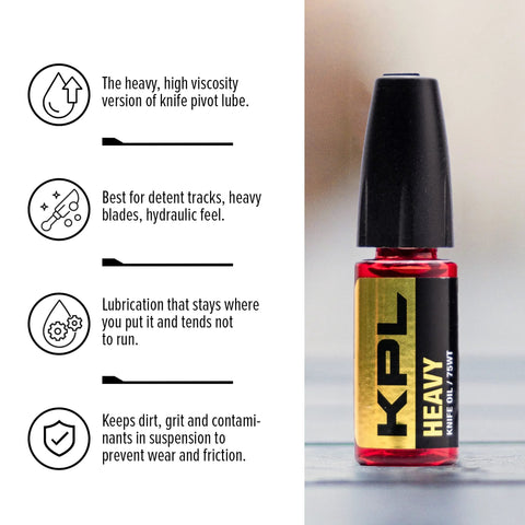 Bottle of knife pivot lube 75W for smooth and clean blade pivots, prevents dirt, grit, and lint accumulation, in a precision oiler bottle.