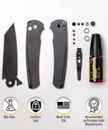 knife pivot lube 75W with disassembled knife parts, precision oiler bottle, and safe lubricant for smooth blade movement