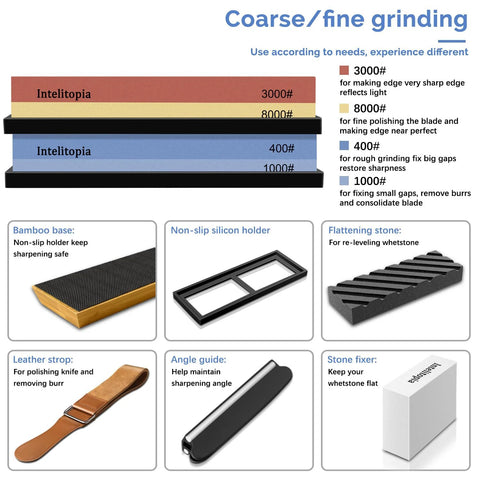 Complete Knife Sharpening Stone Set With Dual Grit Whetstones Grit 400 1000 And 3000 8000, includes strop, base, and accessories.