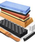 Complete Knife Sharpening Stone Set with dual grit whetstones 400 1000 and 3000 8000, leather strop, and bamboo base.