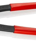 Front view of Knipex Tools Eight Point Seven Five Inch Ear Clamp Pliers 1 Ear 2 Ear Clamp Tool 1098i220 for Oetiker Clamps with red handles.