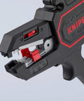 Close-up of Knipex Automatic Wire Stripper 10-24 AWG, 7.25 Inch, precision tool with ergonomic design showing adjustment dial.