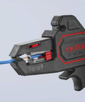 Knipex Automatic Wire Stripper 10-24 AWG, 7.25 Inch Length, close-up stripping blue wire, precision grade tool for professionals.