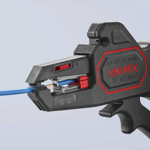Knipex Automatic Wire Stripper 10-24 AWG, 7.25 Inch Length, close-up stripping blue wire, precision grade tool for professionals.