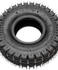 3.00-4 260 x 85 10x3 9x3.50-4 tire knobby tread front view, with TR87 bent angled valve stem for scooter, cart, mini bike applications
