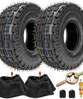 Set of 2 knobby tread 3.00-4 260 x 85 tires with TR87 bent angled valve stems, inner tubes, and valve tools for scooters and bikes.