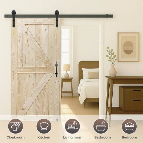Unfinished 34 In By 84 In Knotty British Brace Barn Door With 6.6 Ft Sliding Hardware Kit Solid Wood Natural Spruce Installed in Bedroom