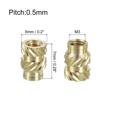 Knurled Insert Nuts, 100pcs M3 x 7mm L x 5mm OD 3D Printing Brass Nuts Female Threaded Inserts Brass Heat Set Insert Embedment Nuts