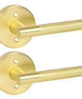 Two Pack Knurled Brushed Gold Dummy Door Handles For Interior Doors, Anti Slip Pull On Levers, Satin Brass Finish
