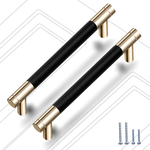Two Pack Knurled Aluminum Cabinet Handles With Gold And Black Oxidation Finish Diamond Pattern Pulls 8.6 Inch Length 7.5 Inch Hole Center Includes 4 Short Screws And 4 Long Detachable Screws product image