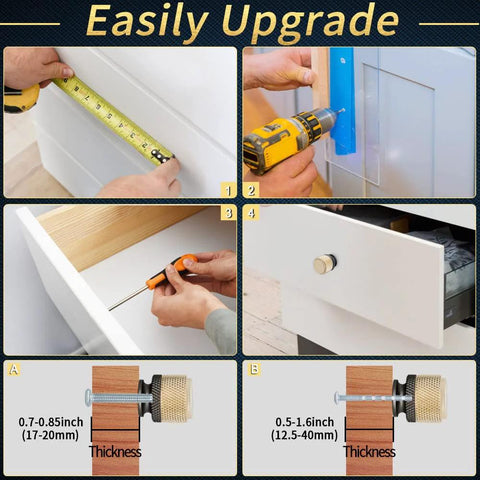 Easy installation of 12 Pack Knurled Cabinet Knobs and Drawer Pulls in Black and Gold on drawers, showing measurement and drilling process.