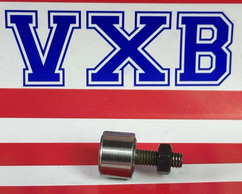 10-Pack Cam Followers KR16 16mm Cam Followers Full Threaded with a metallic cam follower and threaded bolt on a red and white background.