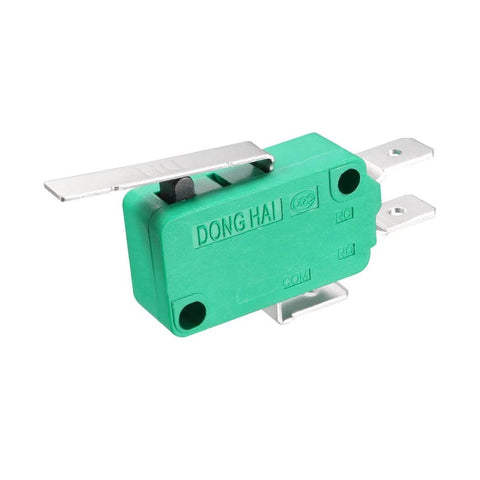 2PCS KW3-OZ 16A 125/250VAC SPDT NO NC Hinge Lever Type Micro Limit Switches, side view showing green body and metal lever