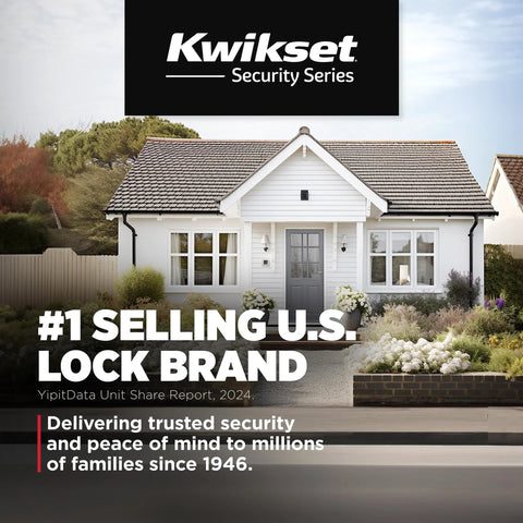 Exterior view of a house with a Kwikset Security Series sign, showcasing its reputation as the #1 U.S. selling lock brand.