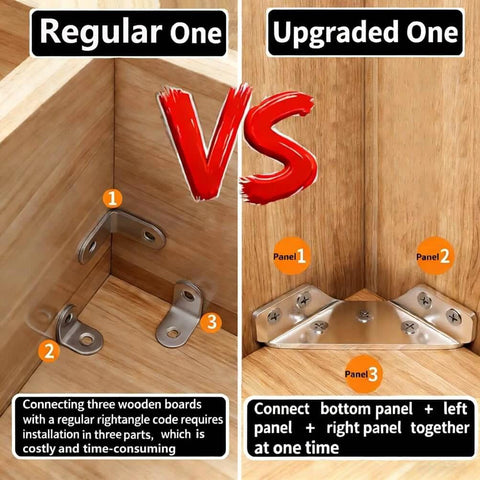 Comparison of regular vs upgraded L brackets for wood installation with regular requiring three brackets and upgraded using one corner connector.