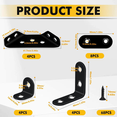 Product sizes and dimensions of 88PCS L Brackets for Shelves, 4 Sizes Angle Corner Braces Metal L Bracket Heavy Duty for Wood, Stainless Steel