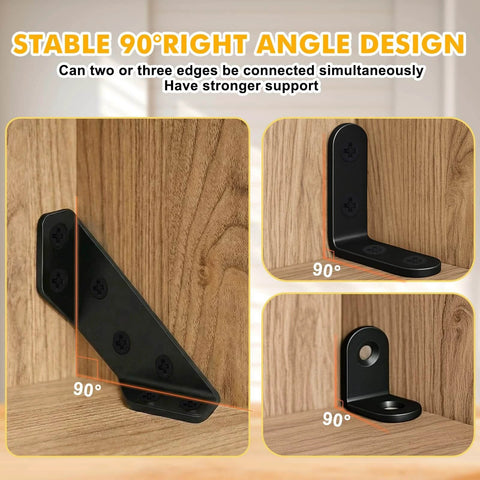 88PCS L Brackets for Shelves,4 Sizes Angle Corner Braces Metal L Bracket Heavy Duty for Wood,Stainless Steel Furniture Corner Connector shown installed at 90-degree angles on wood surfaces.