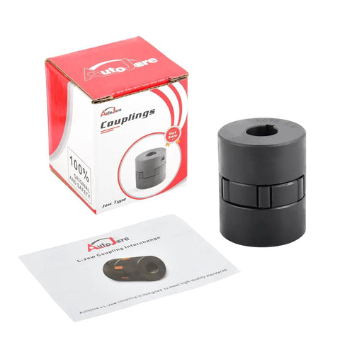 5/8-3/4 in L-jaw coupling set with rubber spider, 3-piece, black; box and manual shown.