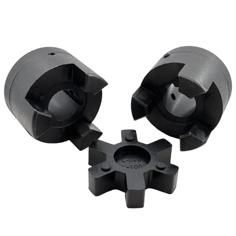 L Jaw Flexible Coupling 1 Inch Bore Three Piece With Rubber Spider For Log Splitters, HT250 Cast Iron, Blackened Finish